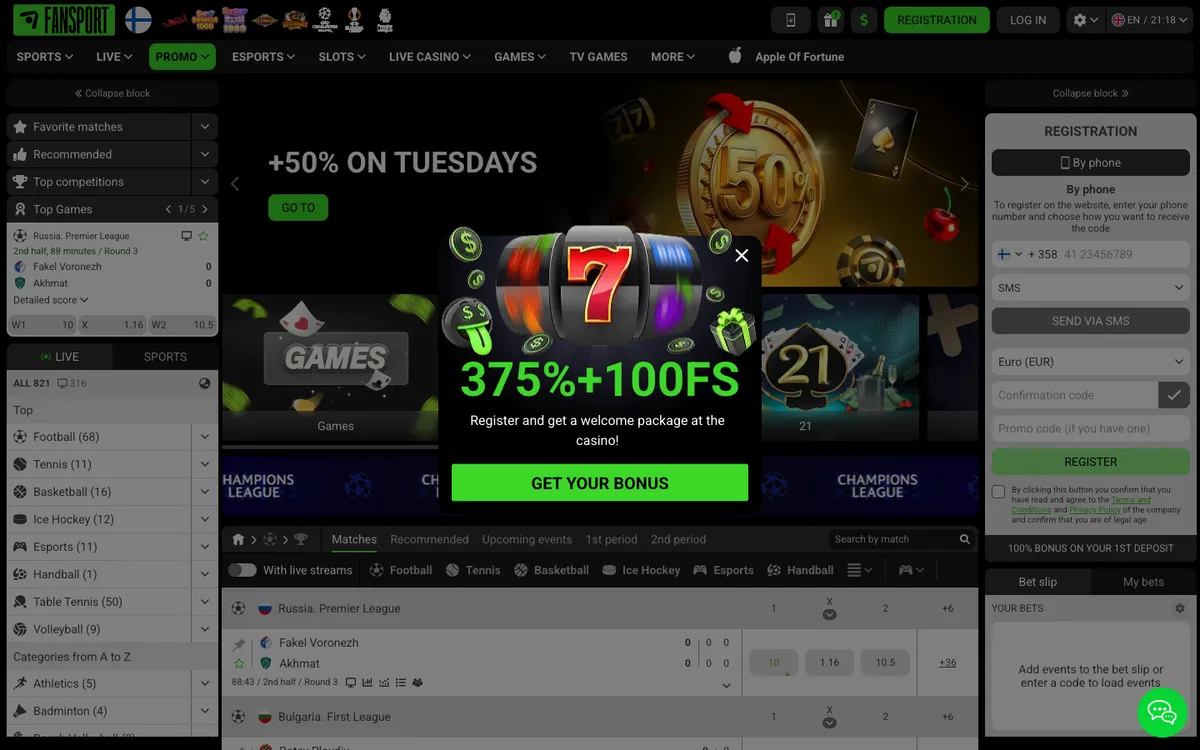 Fansport Casino — Home page, captured from Finland
