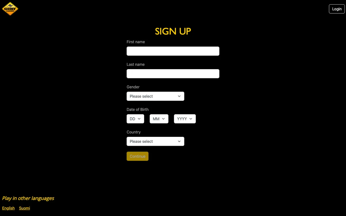 GDay Casino — Sign-up, captured from Norway