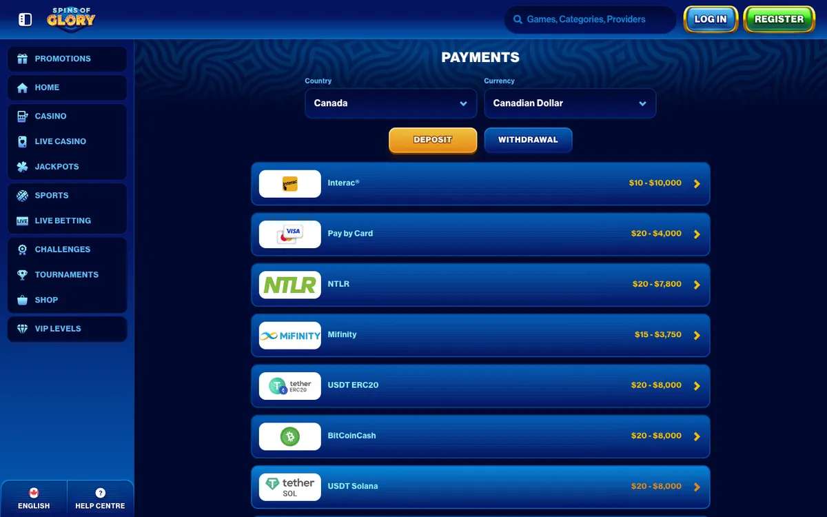 Spins of Glory Casino — Payments, captured from Canada