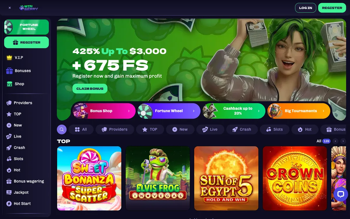 Winberry Casino — Home page, captured from Canada