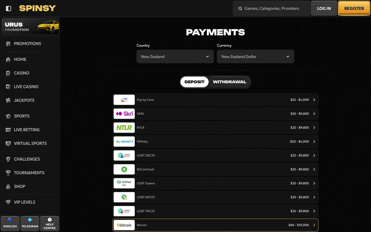 Spinsy Casino — Payments, captured from New Zealand