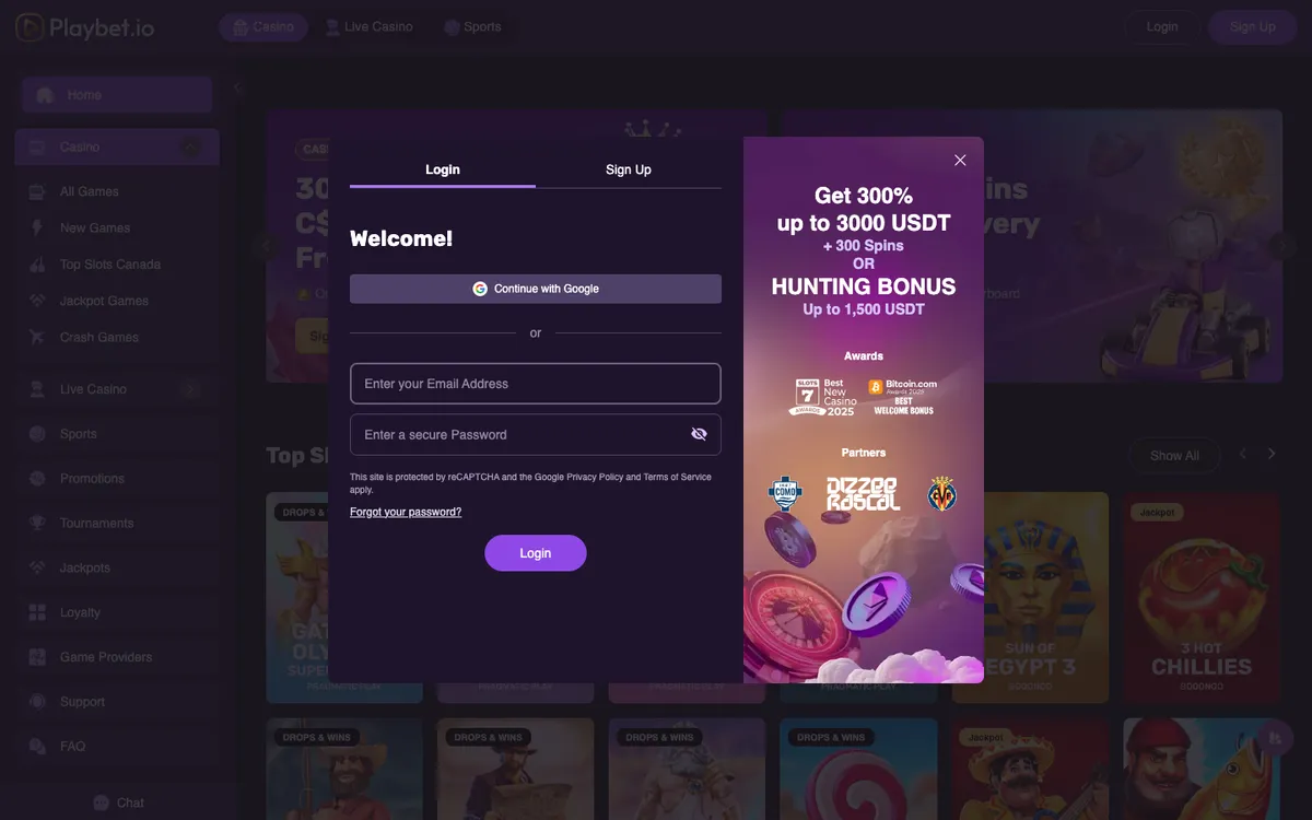 Playbet.io Casino — Sign-up, captured from Canada