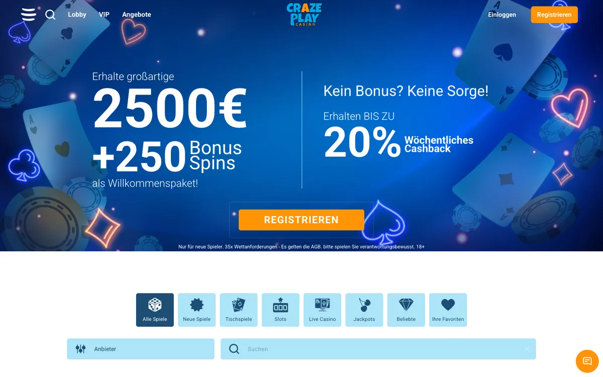 CrazePlay Casino — Home page, captured from Austria