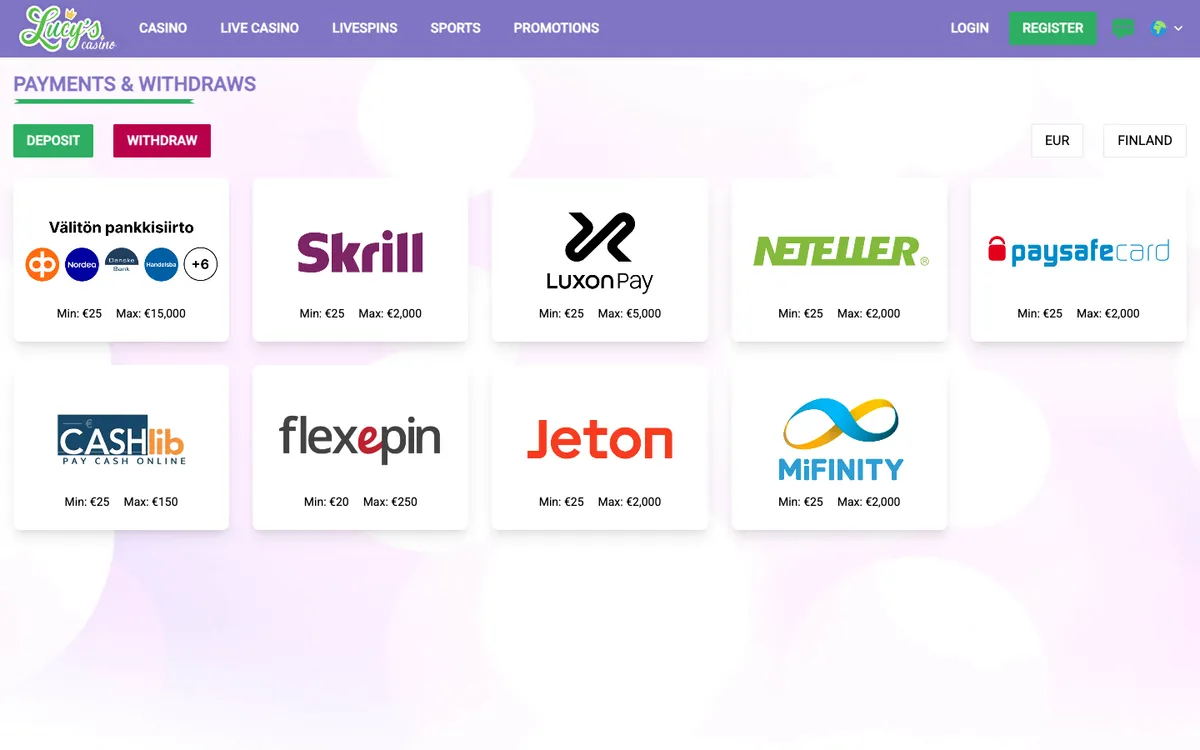 Lucy's Casino — Payments, captured from Finland