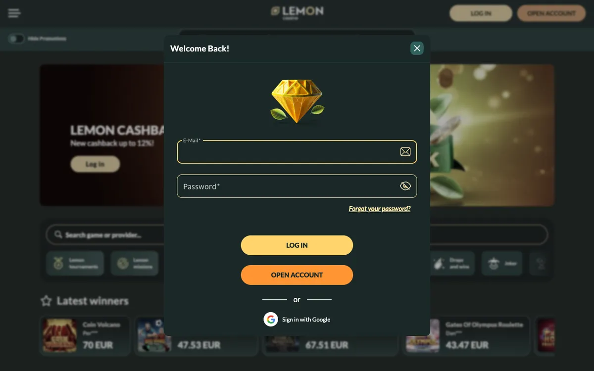 Lemon Casino — «Регистрация», снято из страны Новая Зеландия