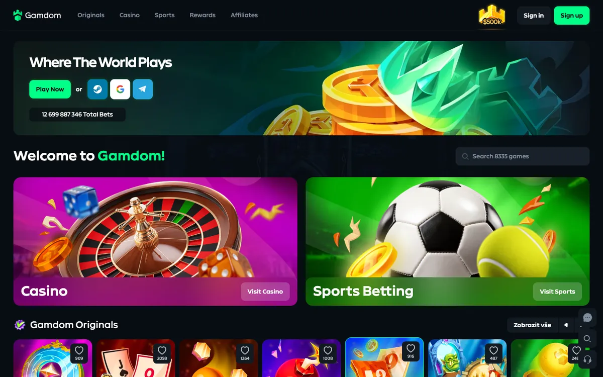 Gamdom Casino — Home page, captured from Czechia