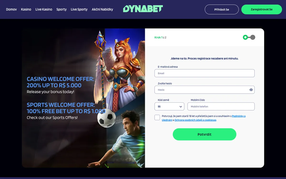 Dynabet Casino — Sign-up, captured from Czechia
