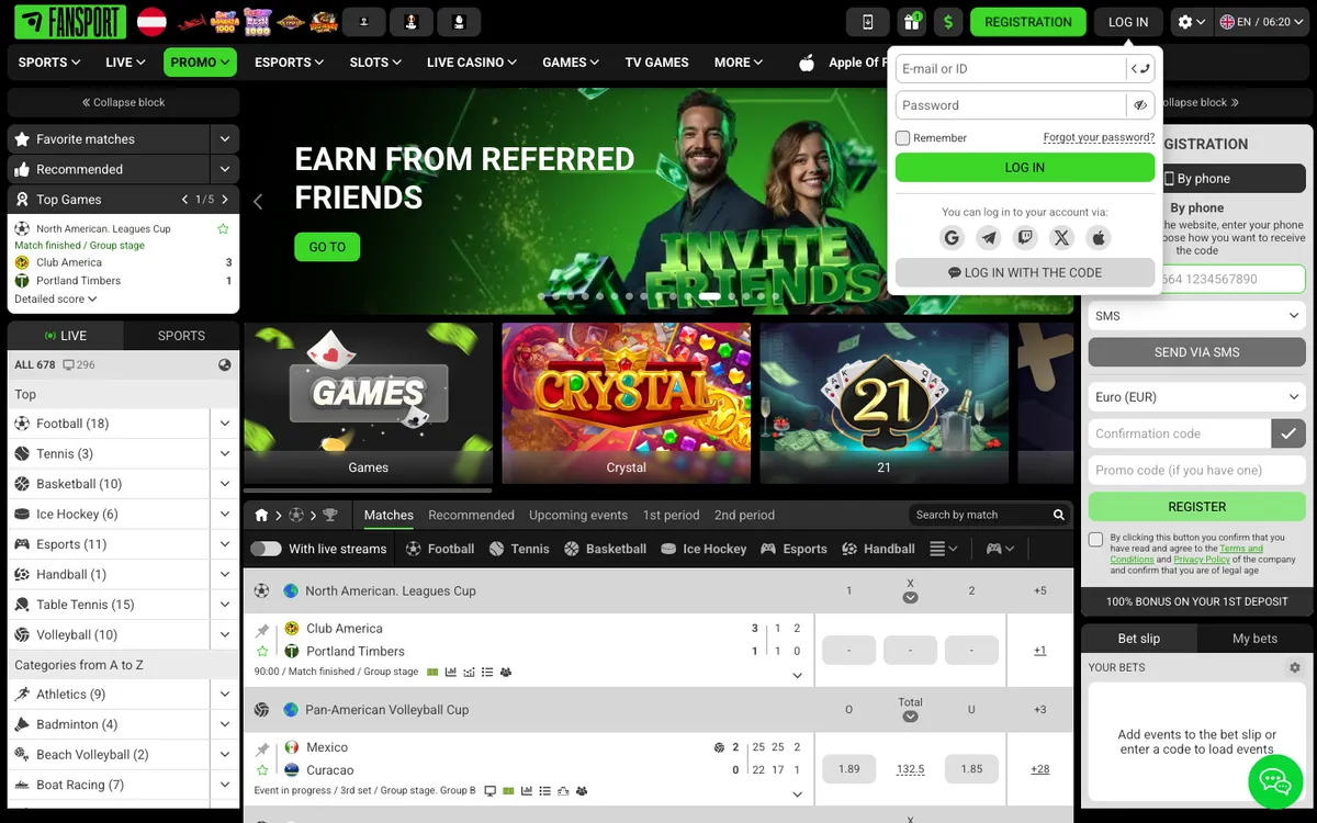 Fansport Casino — «Регистрация», снято из страны Австрия