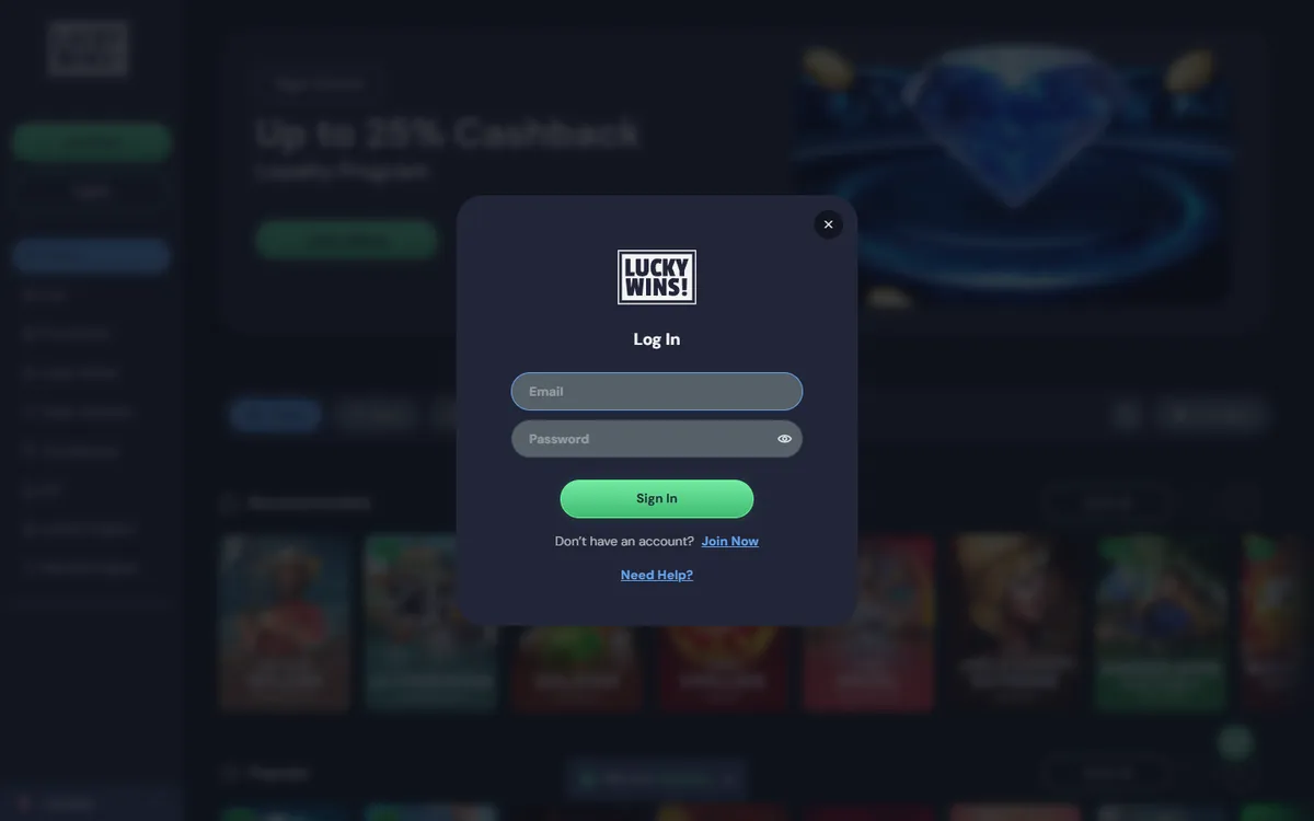 LuckyWins Casino — Sign-up, captured from Canada