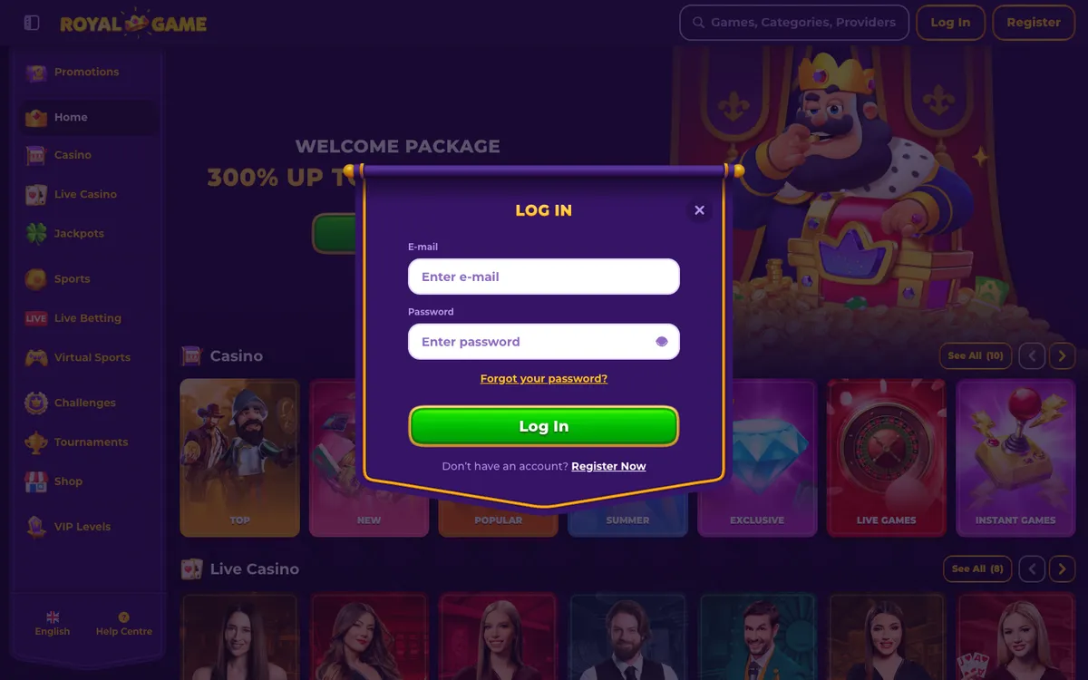 RoyalGame Casino — «Регистрация», снято из страны Южно-Африканская Республика