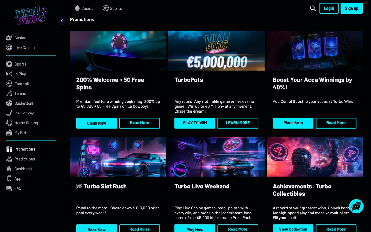 Turbo Wins Casino — Promotions, captured from Belgium