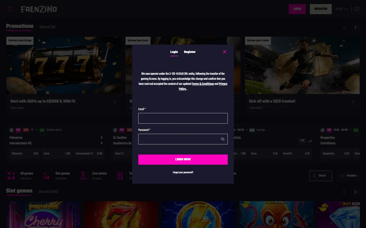 Frenzino Casino — Sign-up, captured from Canada
