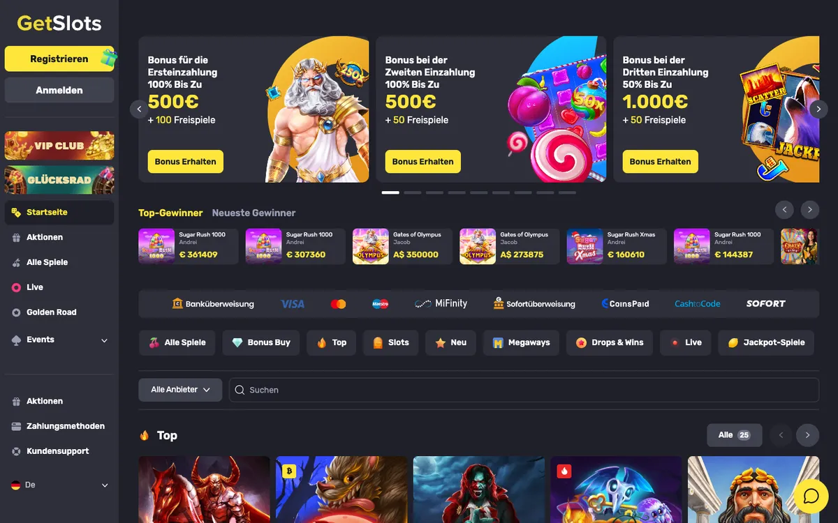 GetSlots Casino — Home page, captured from Germany