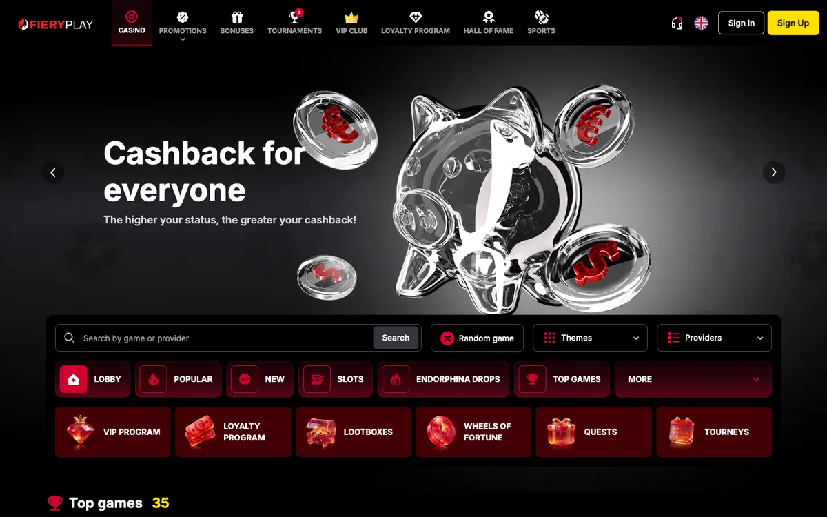Fiery Play Casino — Home page, captured from Japan