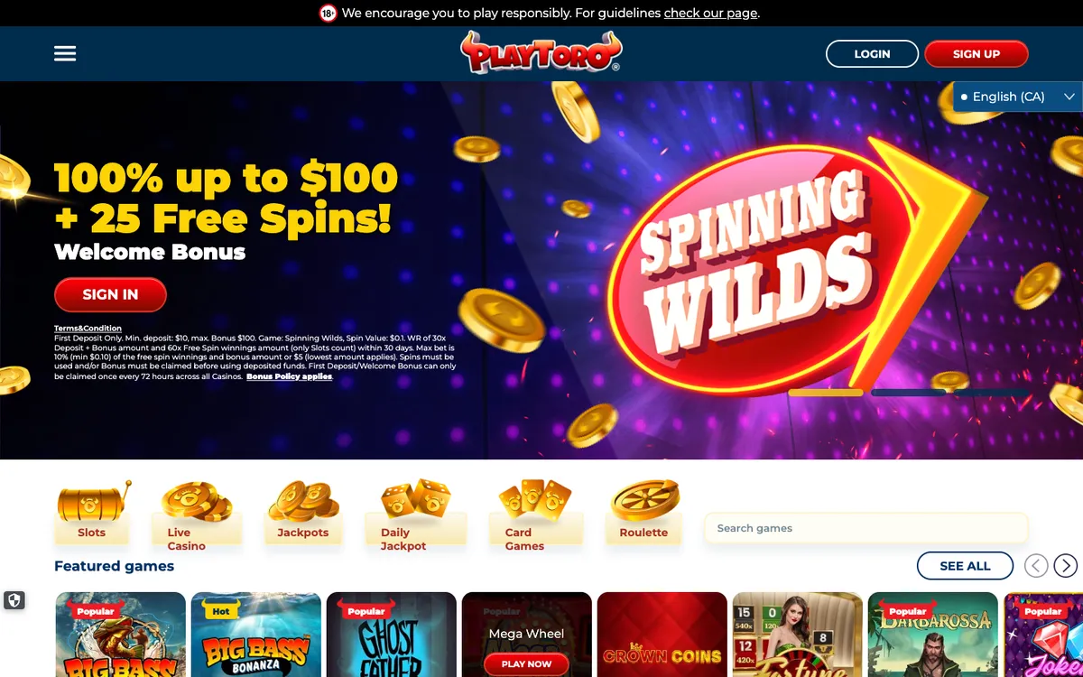PlayToro Casino — «Главная», снято из страны Канада