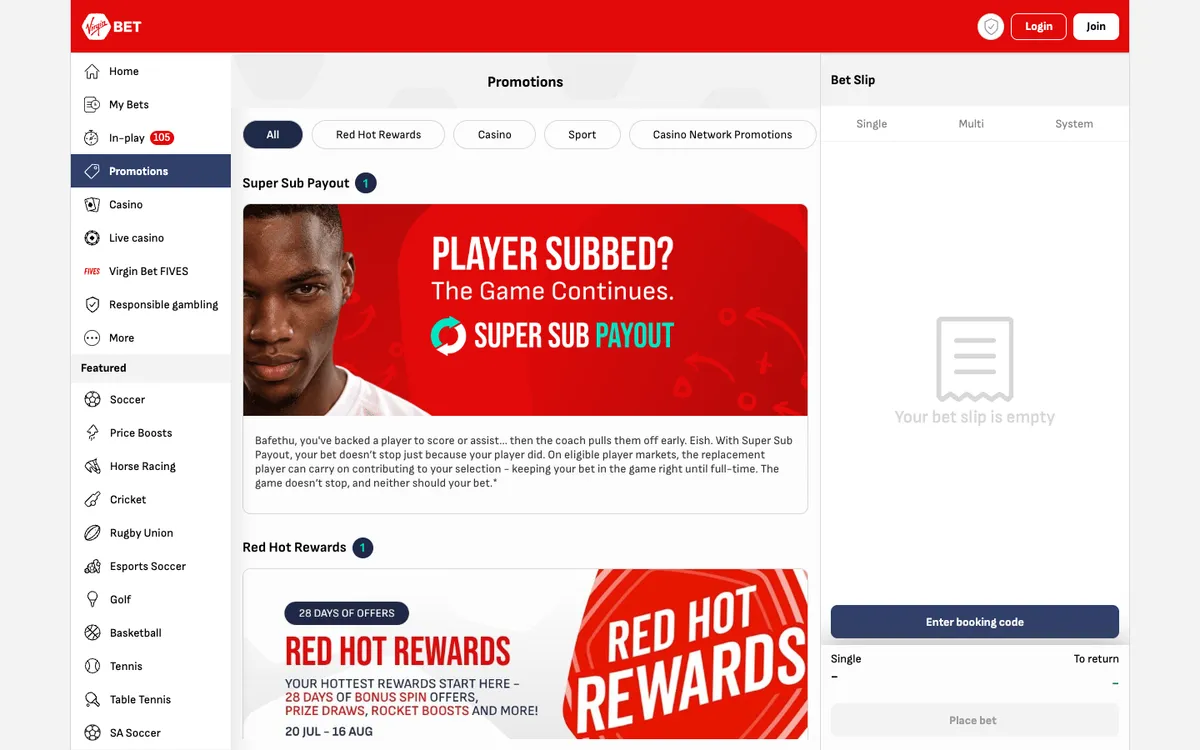 Virgin Bet Casino — Promotions, captured from South Africa