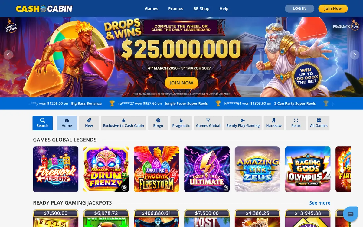 CashCabin Casino — Home page, captured from Austria