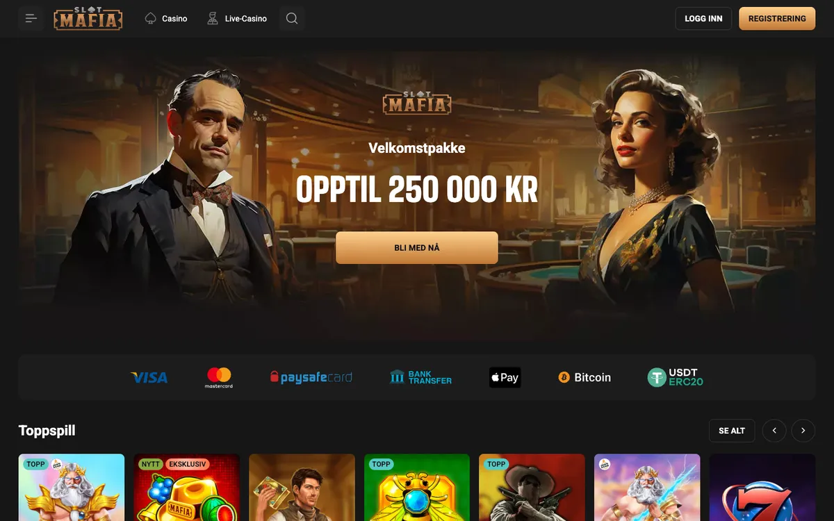 Slot Mafia Casino — Home page, captured from Norway