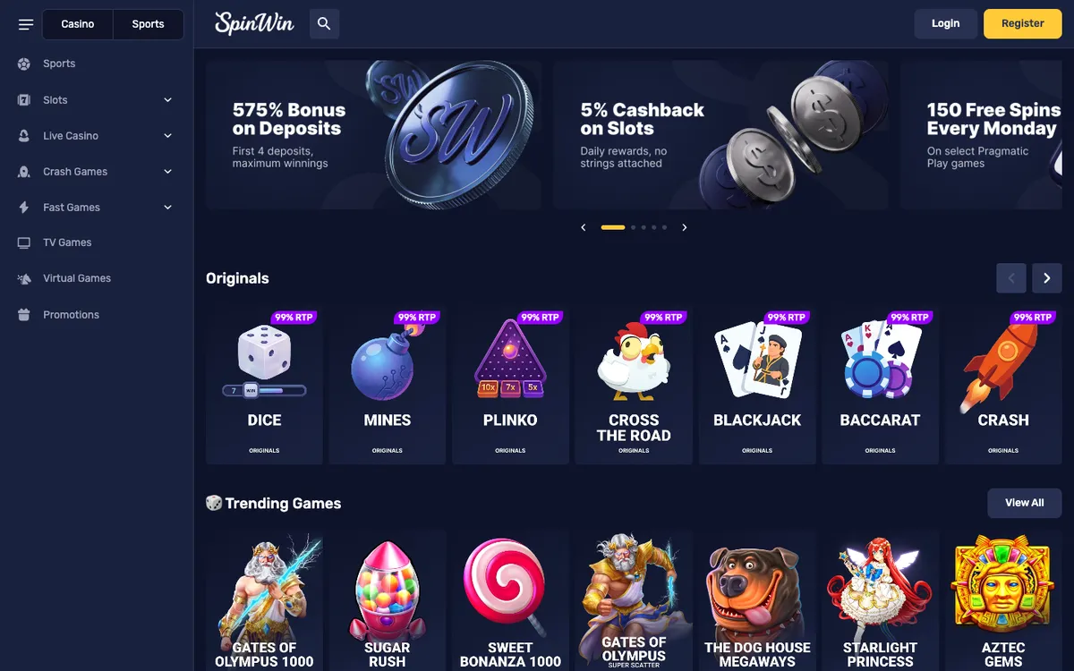 Spin Win Casino — Home page, captured from Belgium
