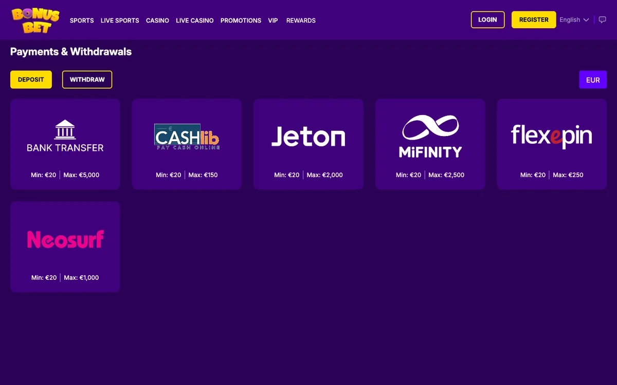 BonusBet Casino — Payments, captured from Germany