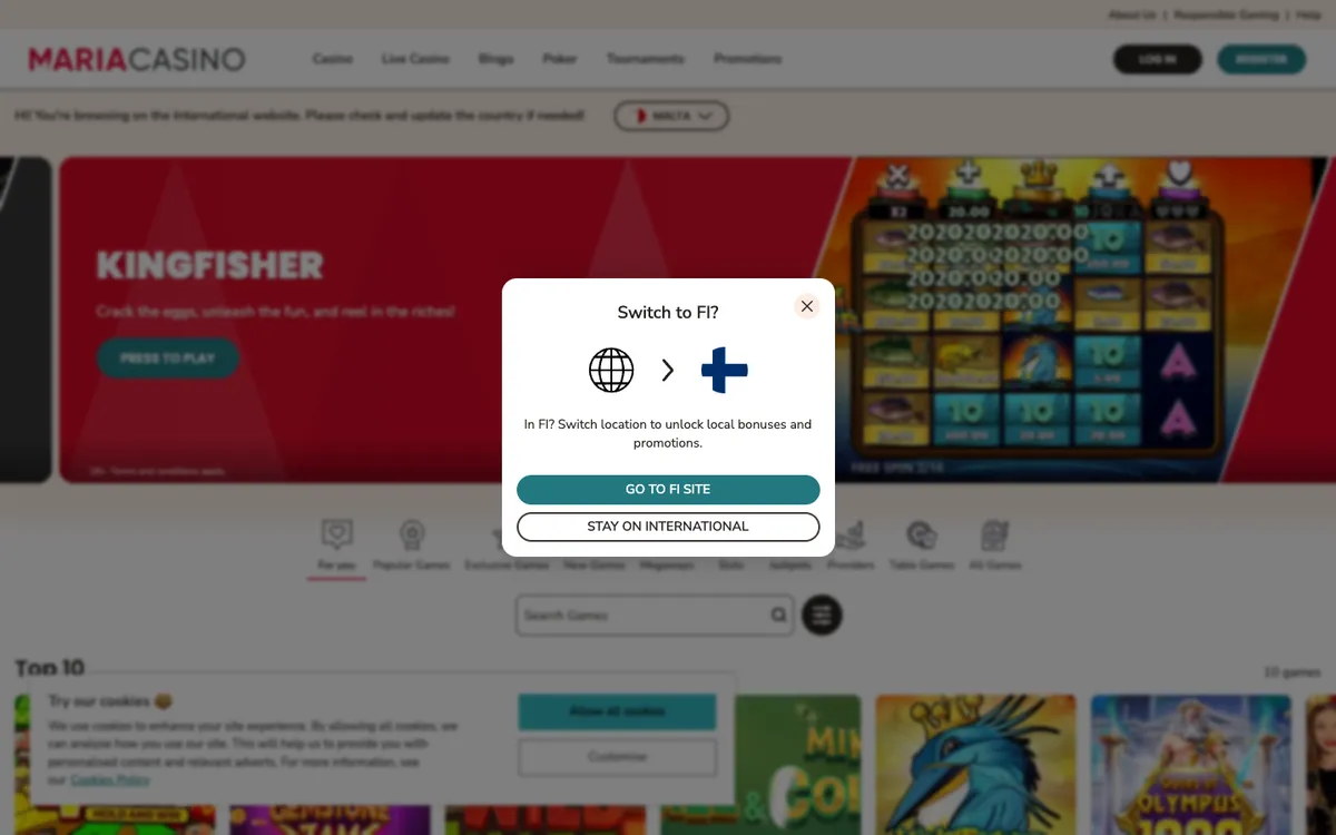 Maria Casino — Home page, captured from Finland