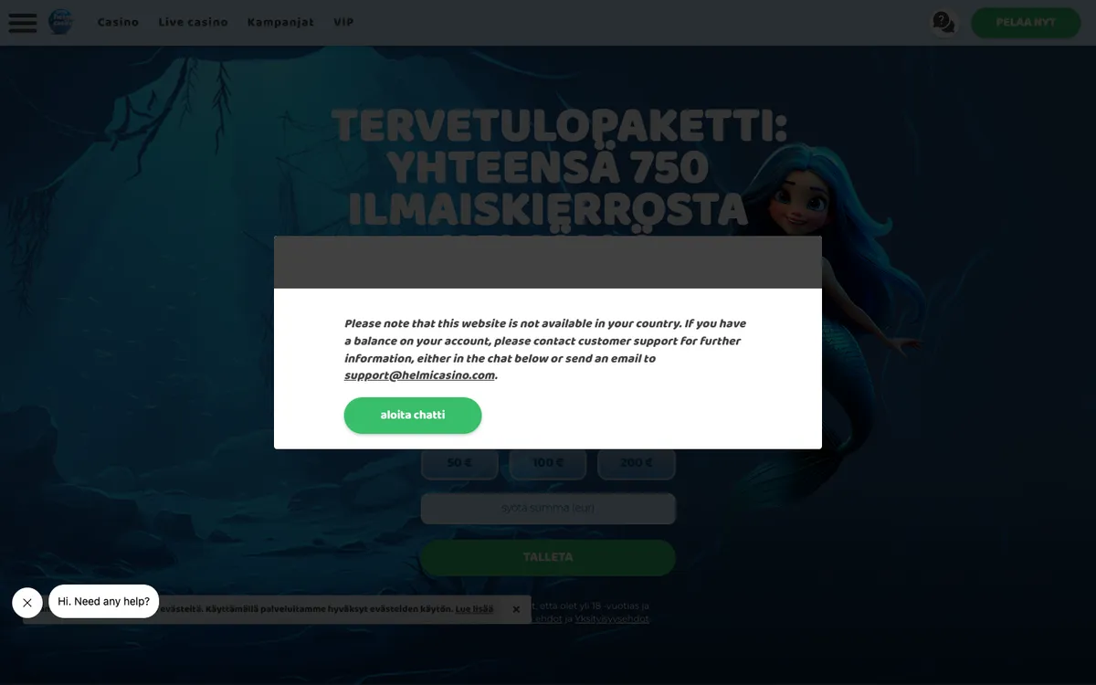Helmi Casino — Home page, captured from Finland