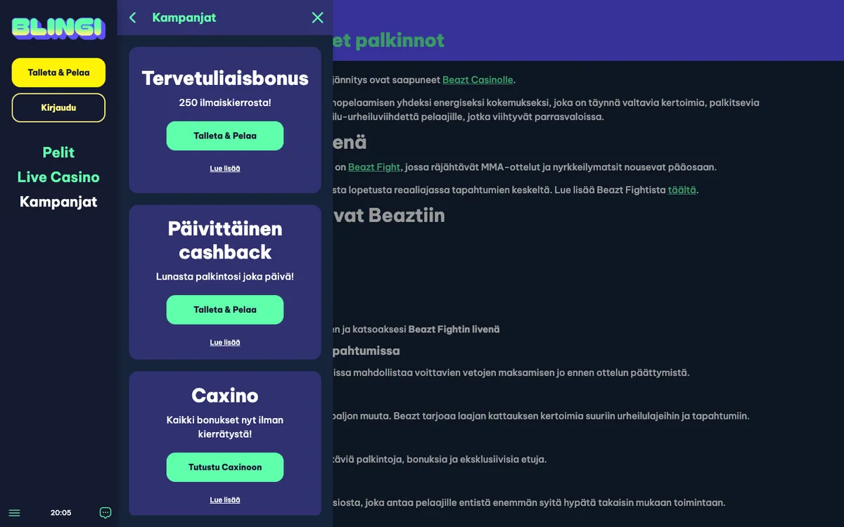 Blingi Casino — «Акции», снято из страны Финляндия