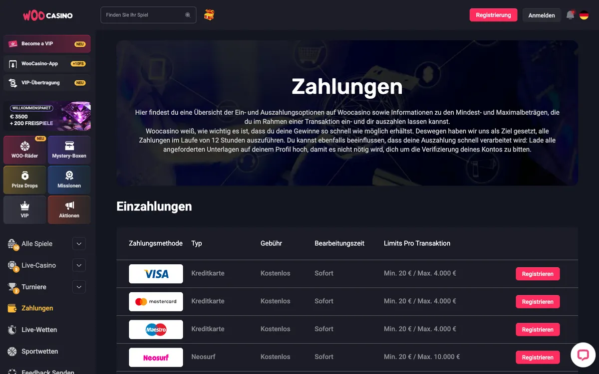 Woocasino — Payments, captured from Austria