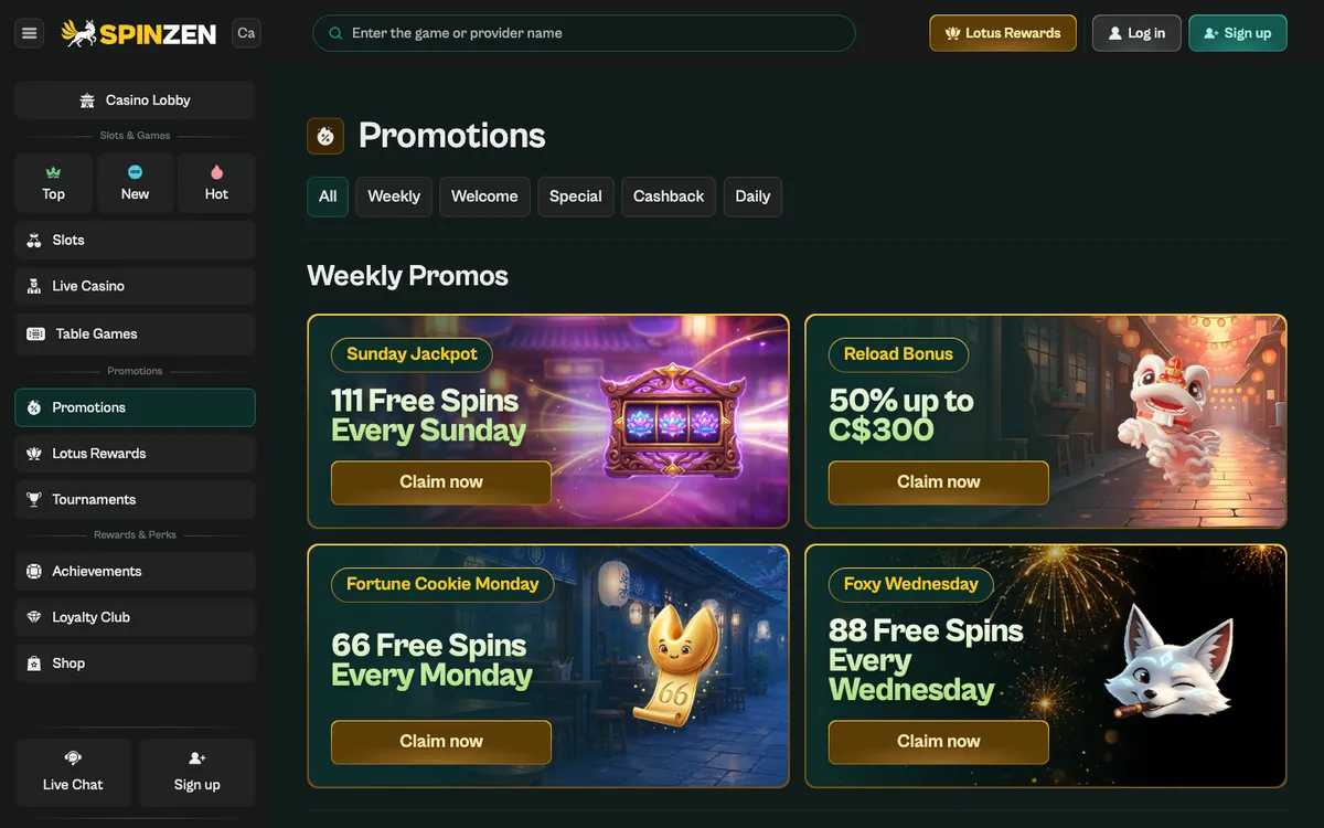 Spinzen Casino — Promotions, captured from Canada