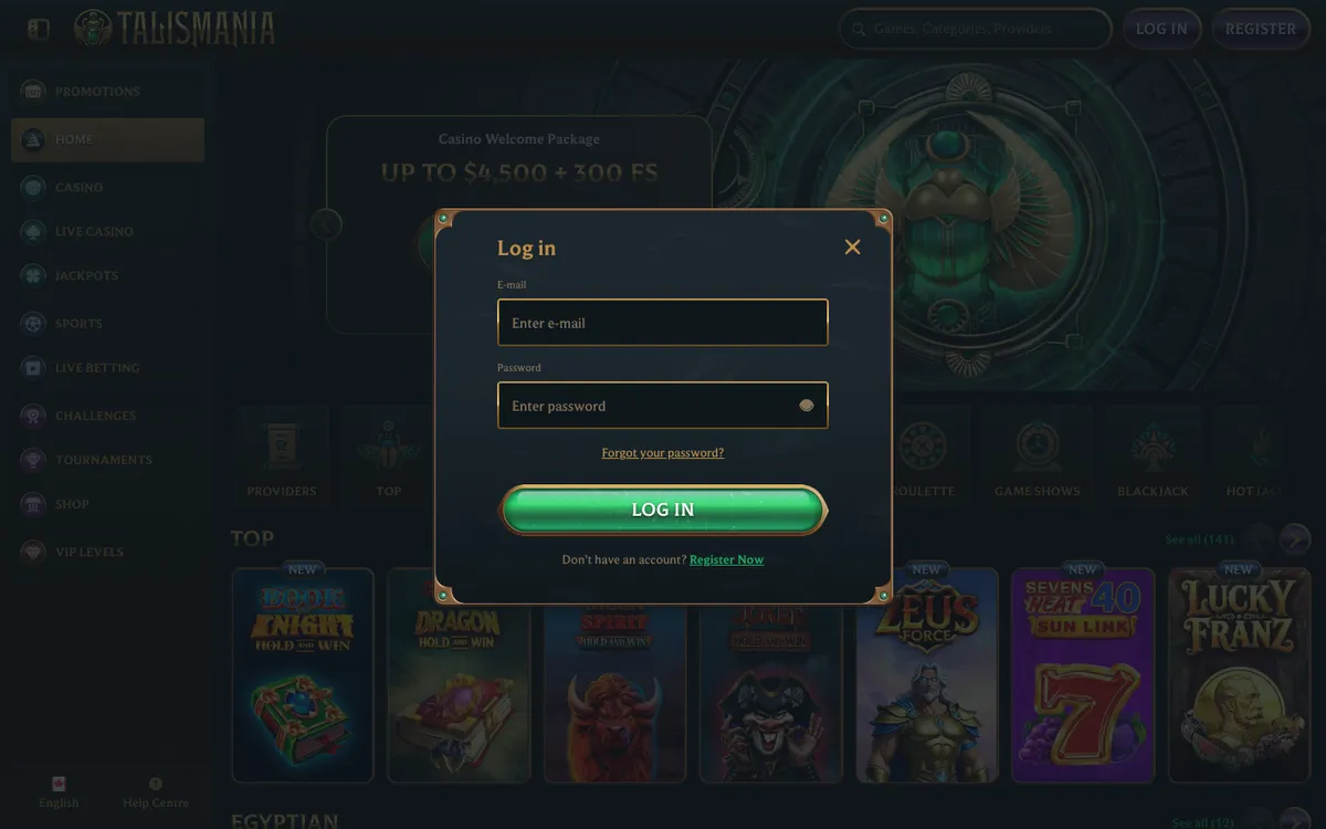 Talismania Casino — Sign-up, captured from Canada