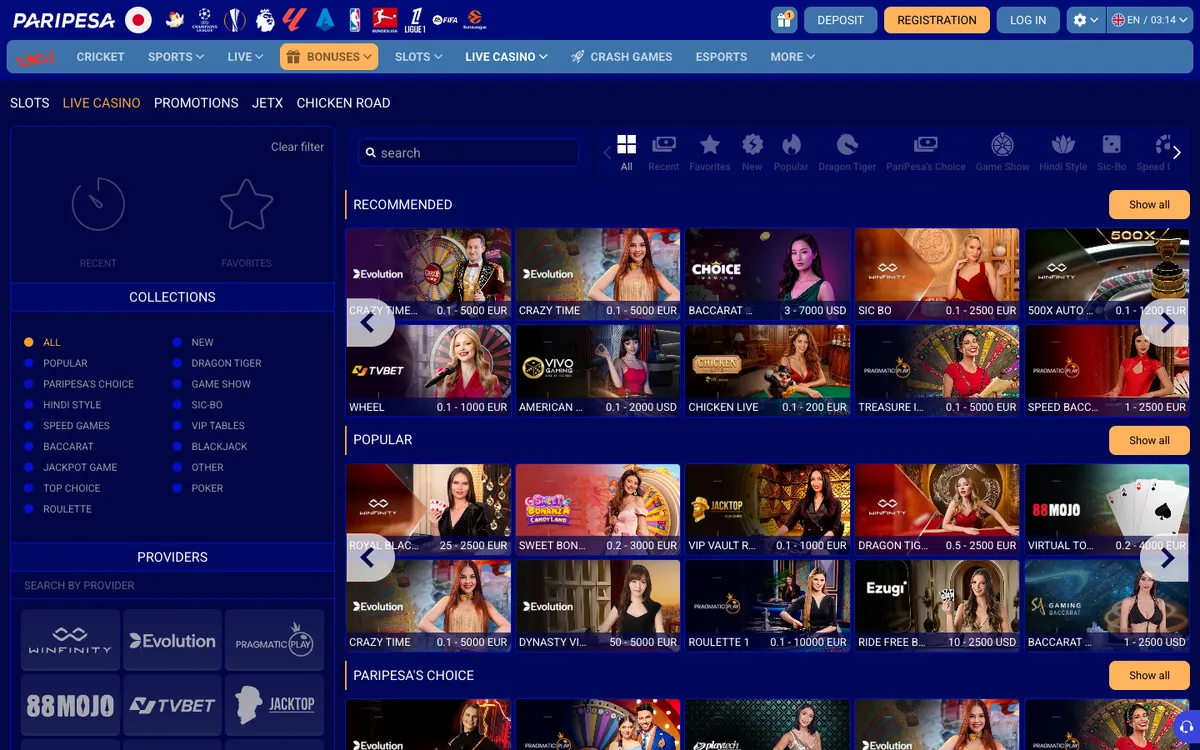 Paripesa Casino — Home page, captured from Japan