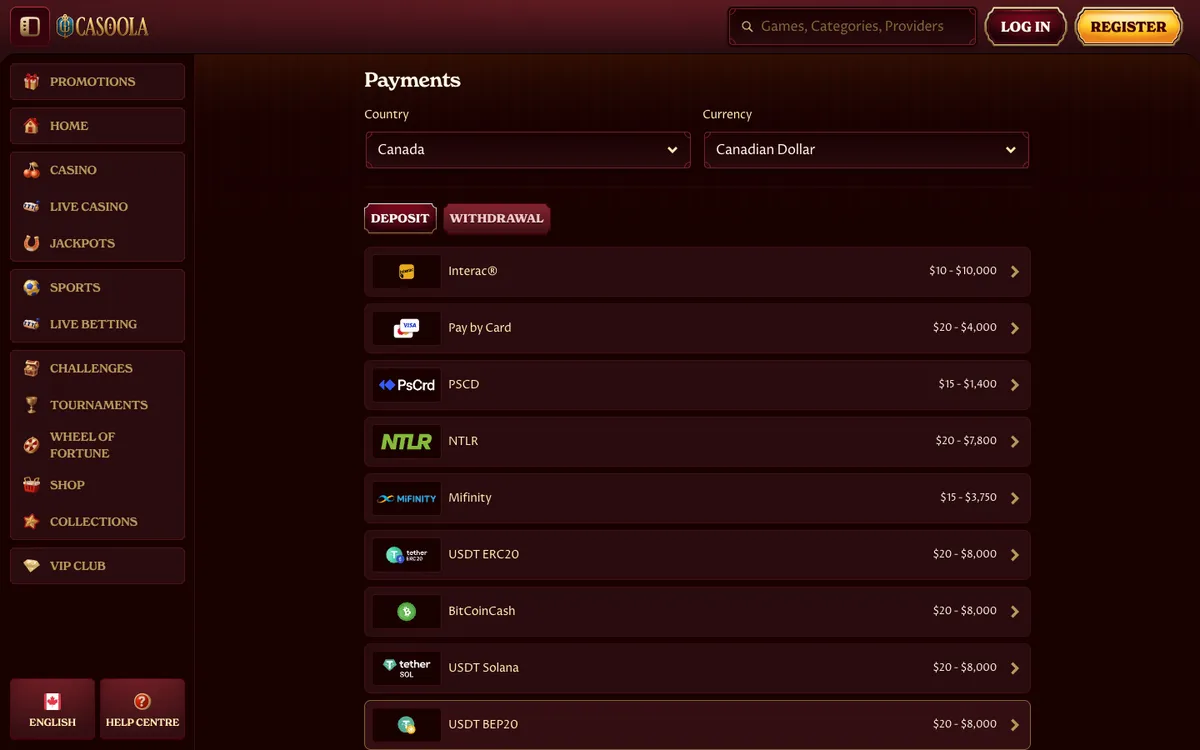 CasoolaCasino — Payments, captured from Canada