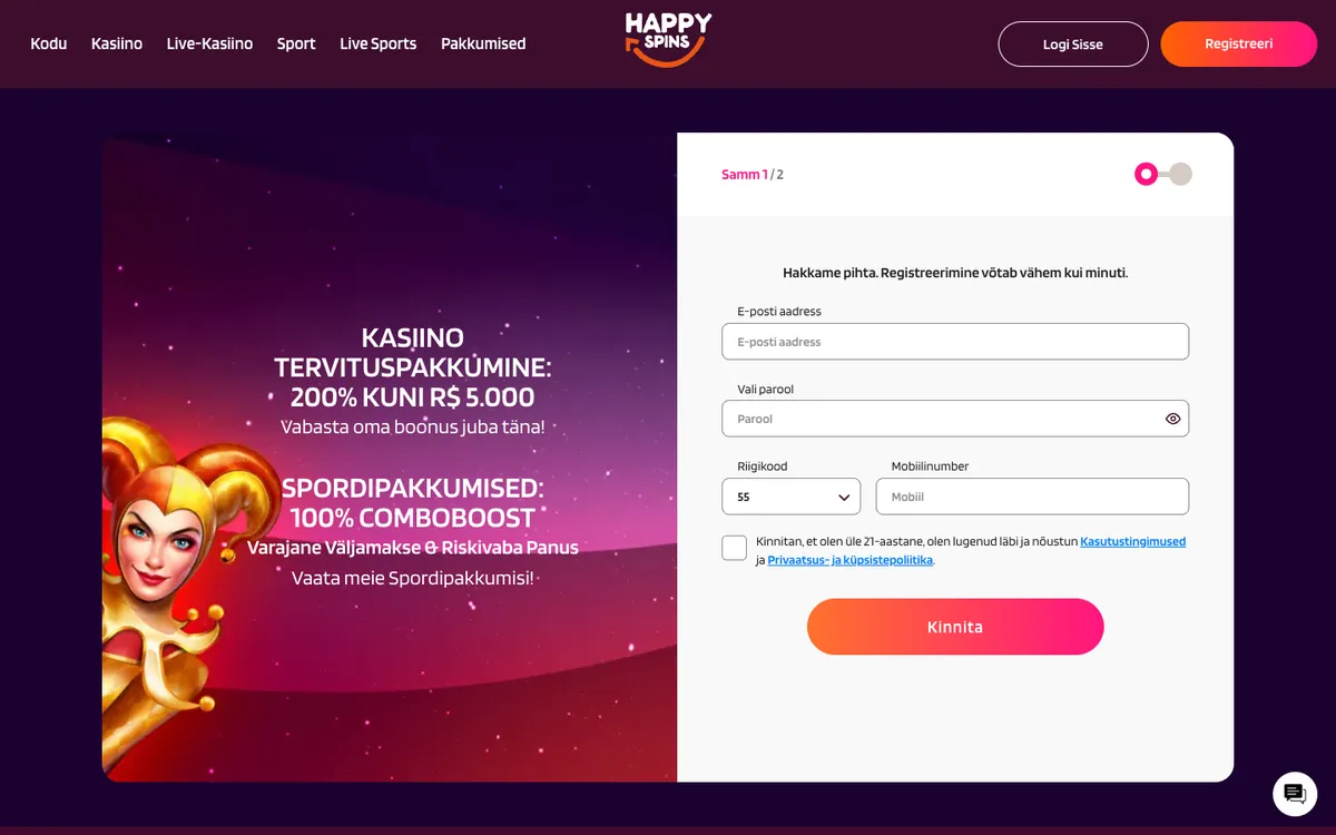 HappySpins Casino — «Регистрация», снято из страны Эстония