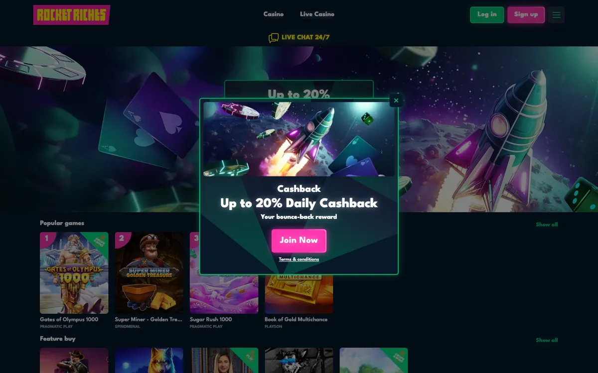 Rocket Riches Casino — Home page, captured from Belgium