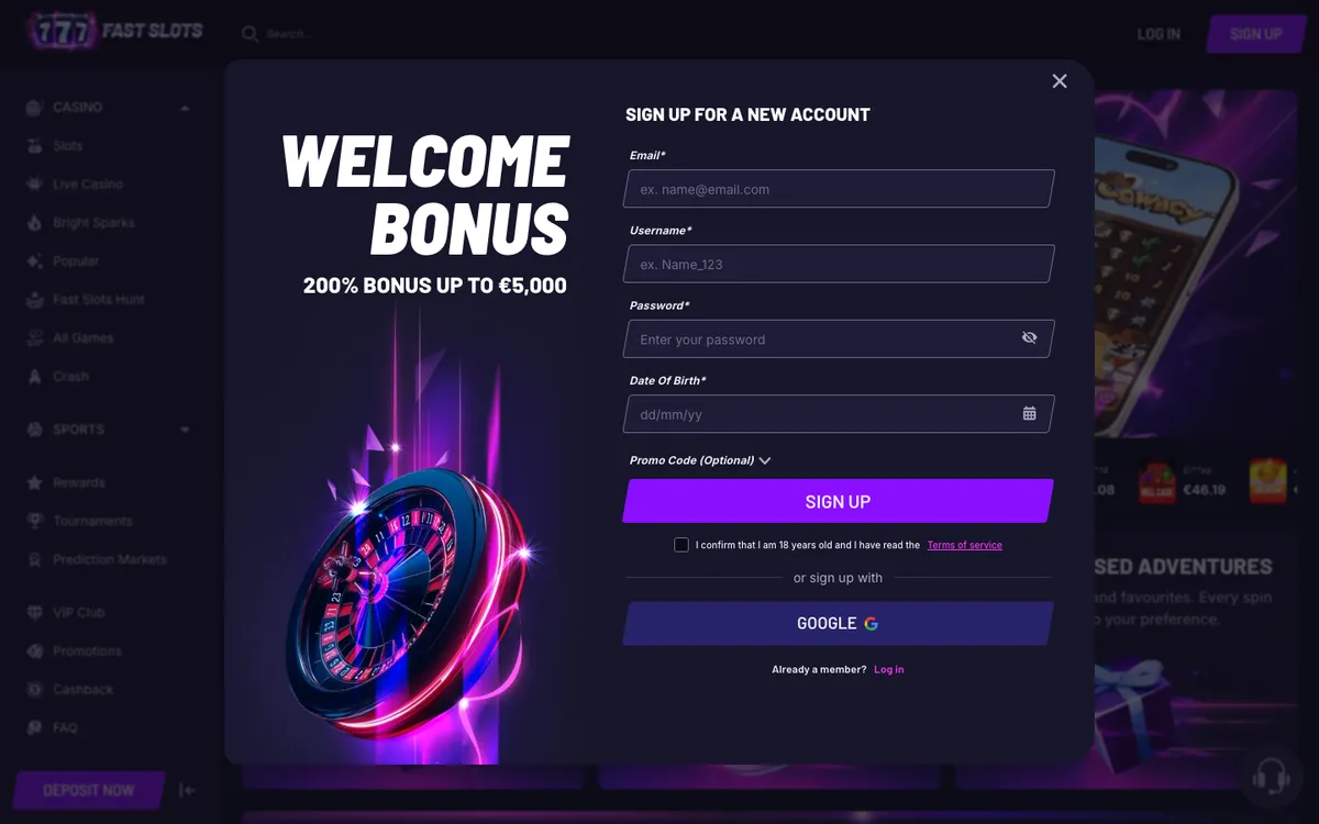 Fast Slots Casino — Sign-up, captured from Canada