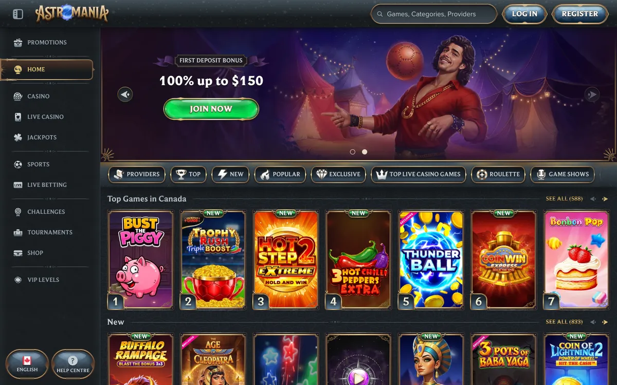 AstroMania Casino — Home page, captured from Canada
