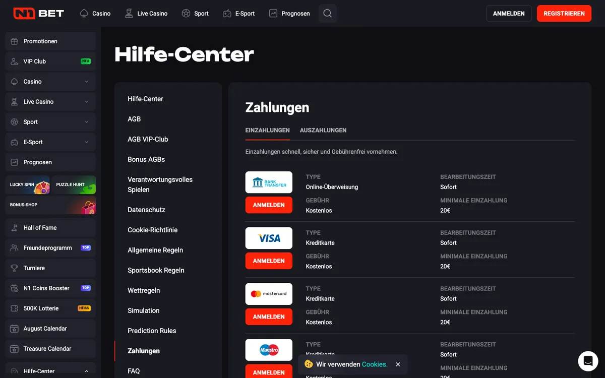 N1Bet Casino — Payments, captured from Germany
