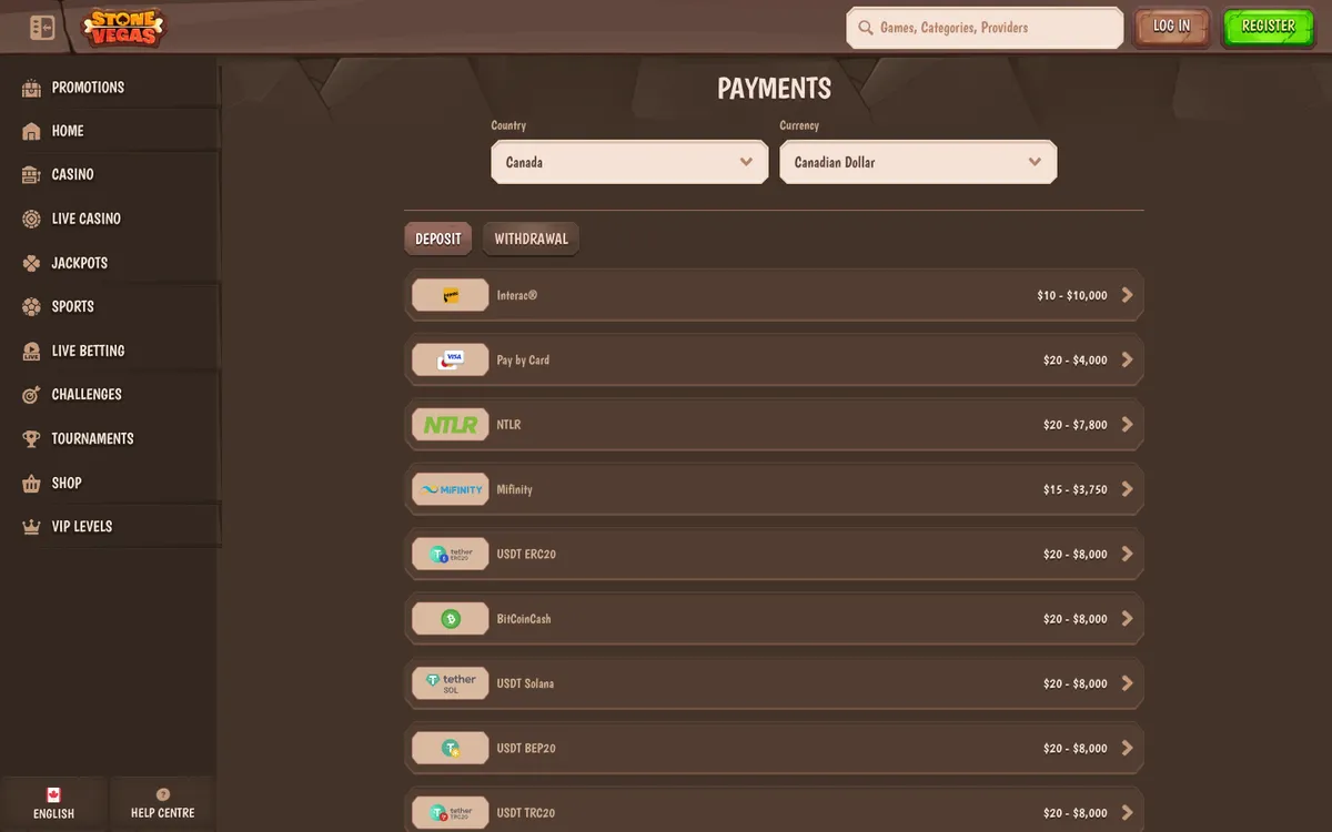 StoneVegas Casino — Payments, captured from Canada