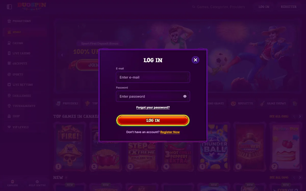 Duospin Casino — Sign-up, captured from Canada
