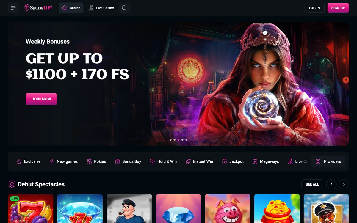 SpinsUP Casino — Home page, captured from Australia