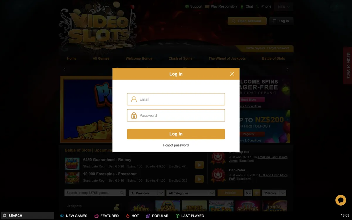 Videoslots Casino — Sign-up, captured from New Zealand