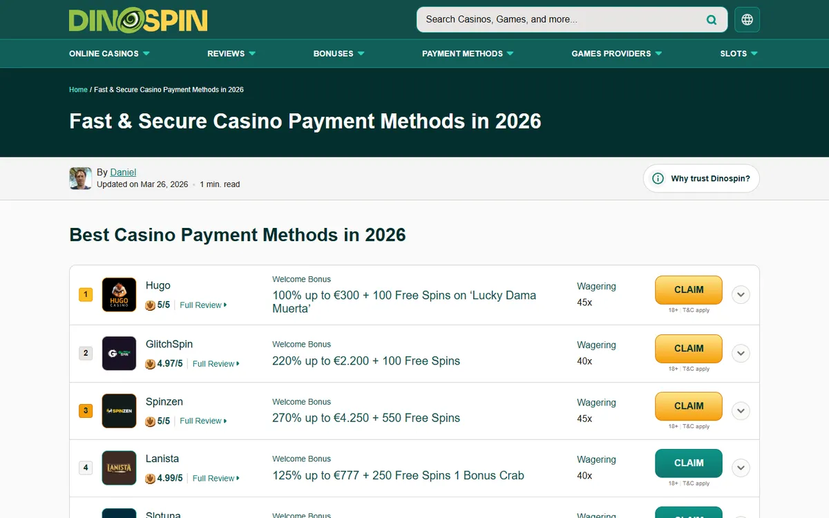 Dinospin Casino — Payments, captured from Canada