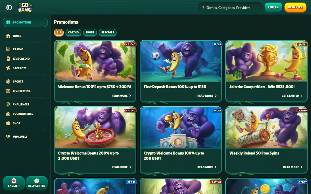 GoKong Casino — Promotions, captured from Canada