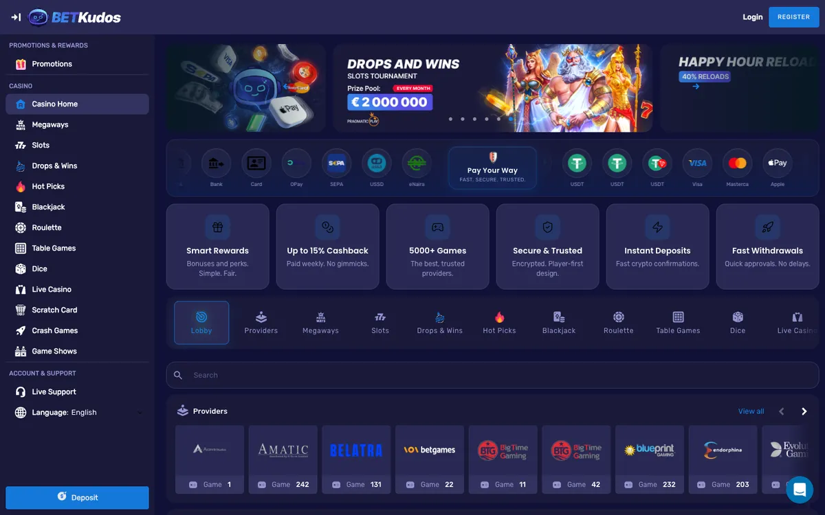 BetKudos Casino — Home page, captured from Poland