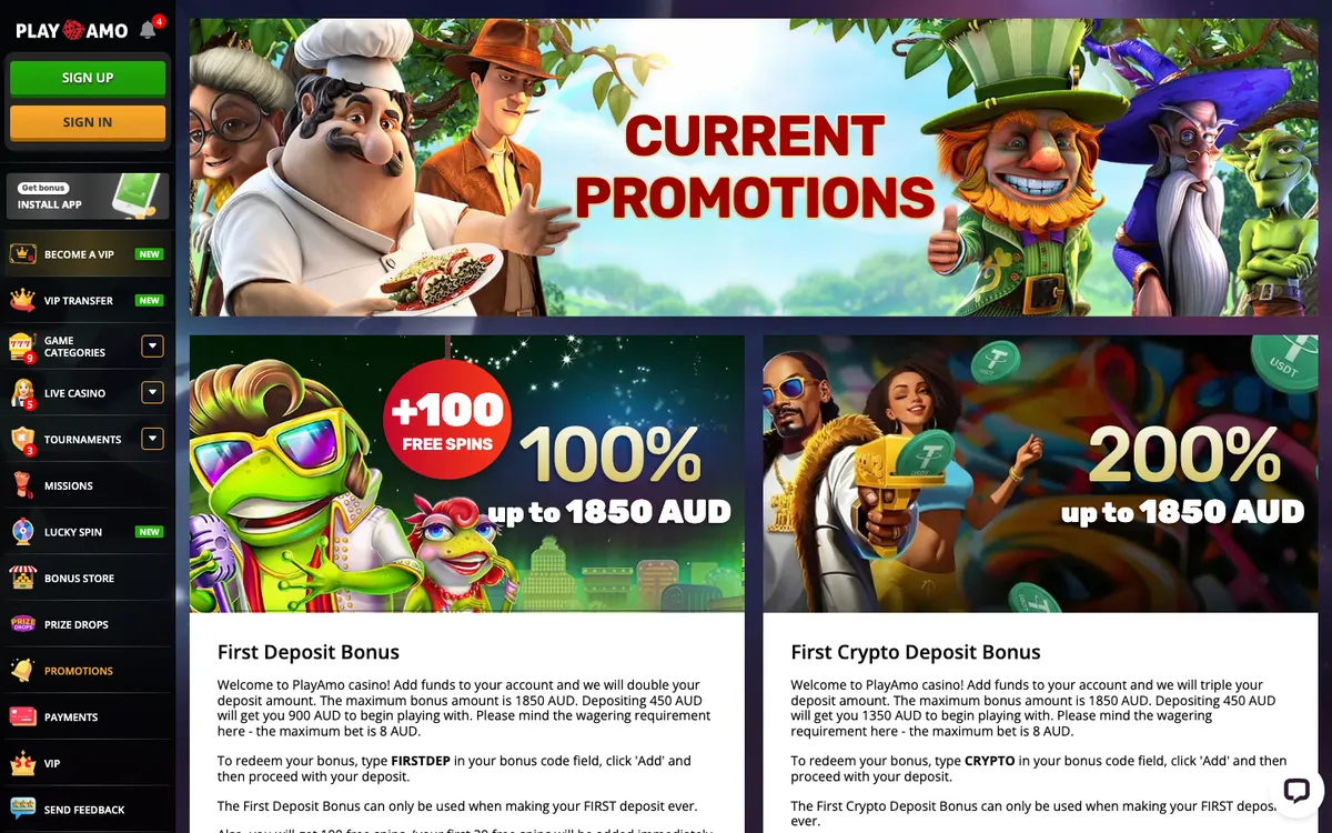 Playamo Casino — «Акции», снято из страны Австралия