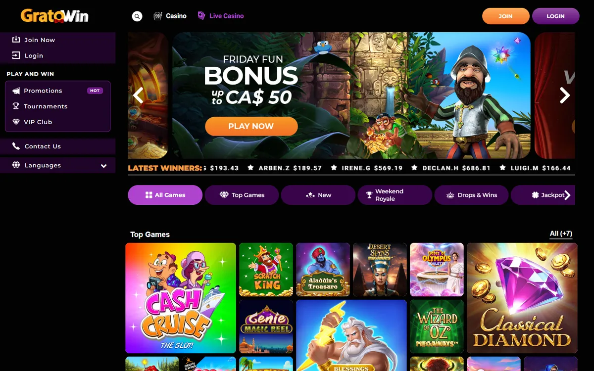 GratoWin Casino — Home page, captured from Canada