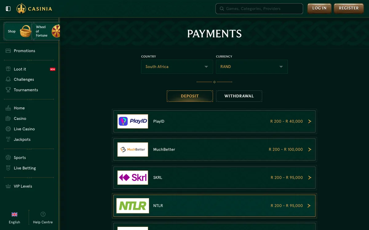 Casinia Casino — Payments, captured from South Africa