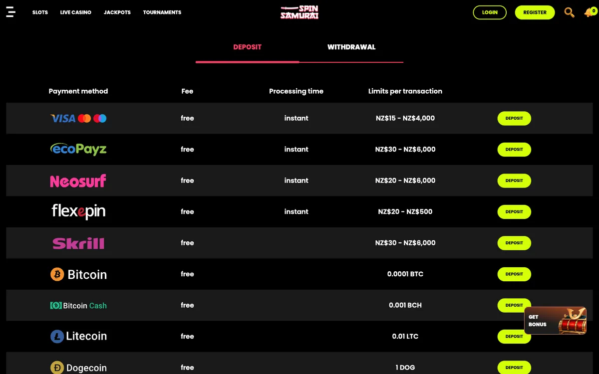 Spin Samurai Casino — Payments, captured from New Zealand