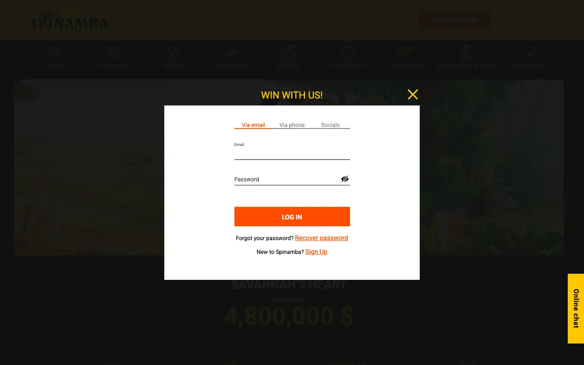 Spinamba Casino — «Регистрация», снято из страны Аргентина