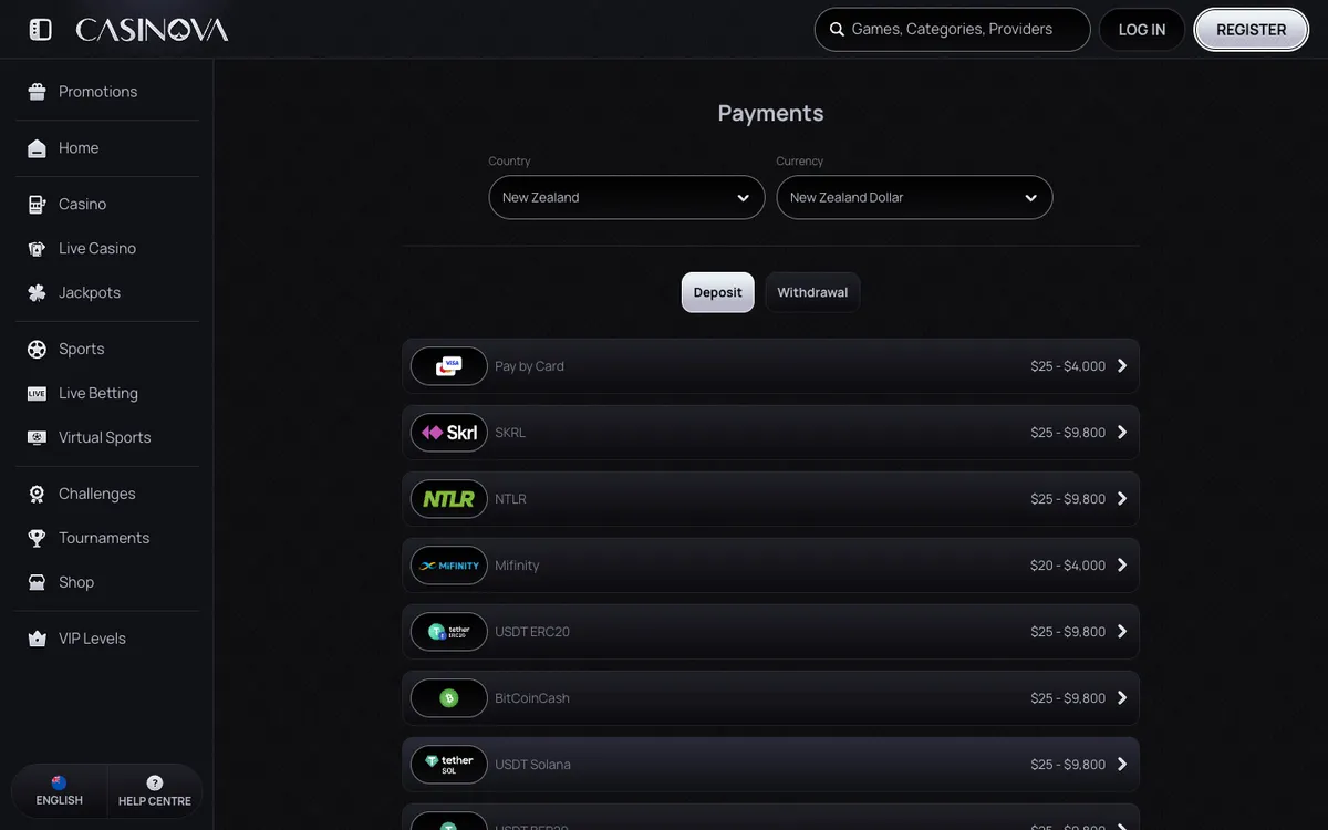 Casinova Casino — Payments, captured from New Zealand